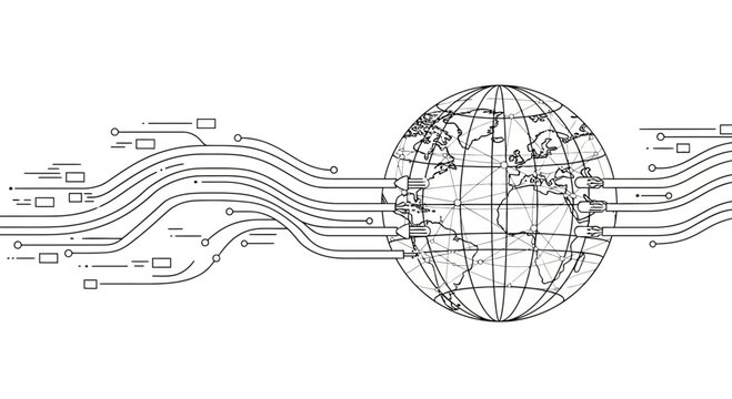 A digital globe connected to data flow lines representing global communication and networking.