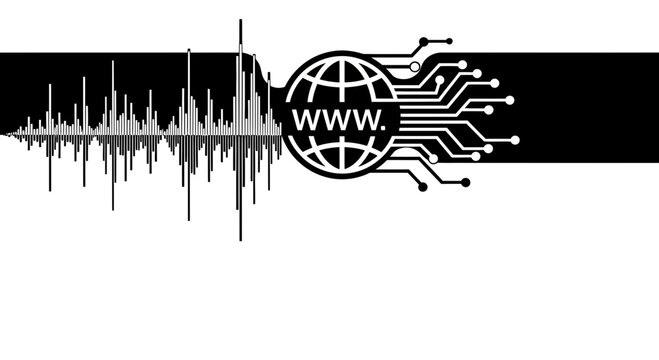 Digital connectivity graphic featuring a globe icon with circuit board patterns and audio waveform elements.