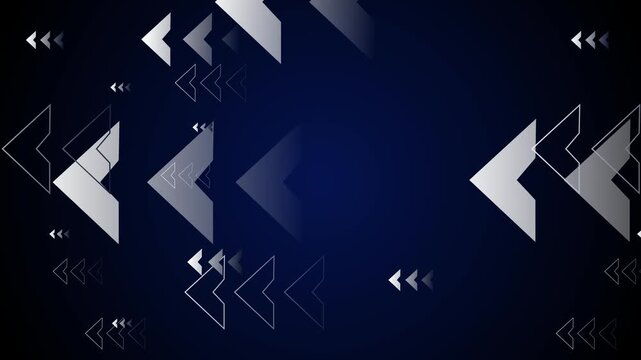 Abstract dark background with layered silver chevron arrows pointing left animation