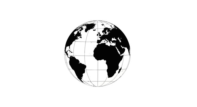 A black and white graphic illustration of the planet Earth showing continents.
