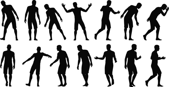 Silhouette set of a man losing balance tripping and gesturing, collection of male figures in various stumbling unstable and casual motion poses isolated vector graphic.