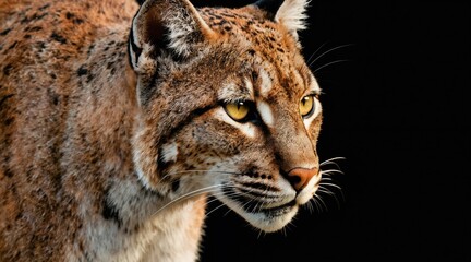 Fototapeta premium portrait with intense yellow eyes and spotted fur. This wild feline shows its alert nature against a dark backdrop, highlighting its natural beauty and predatory features.