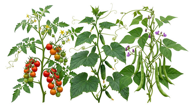 Fresh vegetable garden plants with cherry tomatoes, green cucumbers and runner beans, organic homegrown produce collection, healthy farming harvest isolated PNG with Transparent Background