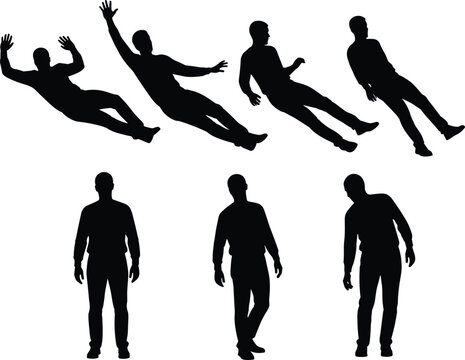 Silhouette set of a man falling backward and losing balance, collection of male figures showing various stumbling, slipping, and standing accident poses isolated vector graphic.