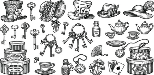 Obraz premium Vintage Wonderland Tea Party Illustration Set Featuring Antique Keys, Mad Hatter Accessories, Playing Cards, Pocket Watches, and Victorian Fantasy Elements Collection