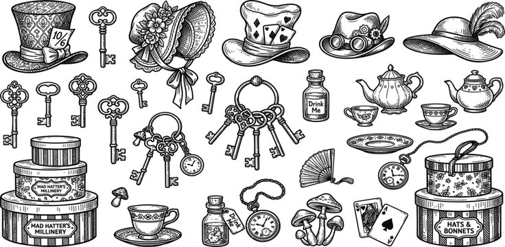 Vintage Wonderland Tea Party Illustration Set Featuring Antique Keys, Mad Hatter Accessories, Playing Cards, Pocket Watches, and Victorian Fantasy Elements Collection