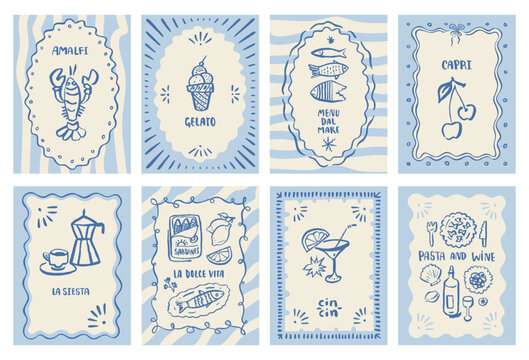 Italian summer stamp frame Mediterranean Amalfi coast postcards. Vintage Capri lemons, limoncello, sardines and lobster illustrations. Hand drawn vector doodle borders, whimsical seaside sketch icons
