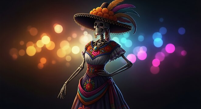Skeletal figure in elaborate hat and dress against bokeh lights