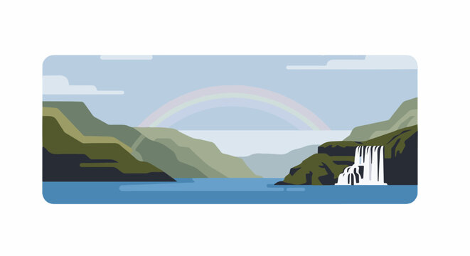 A scenic flat illustration of a cascading waterfall into a calm blue lake, with rolling hills and a rainbow