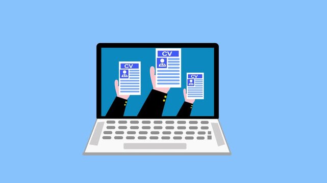 Animation of a laptop screen showing three hands holding cv/resume documents