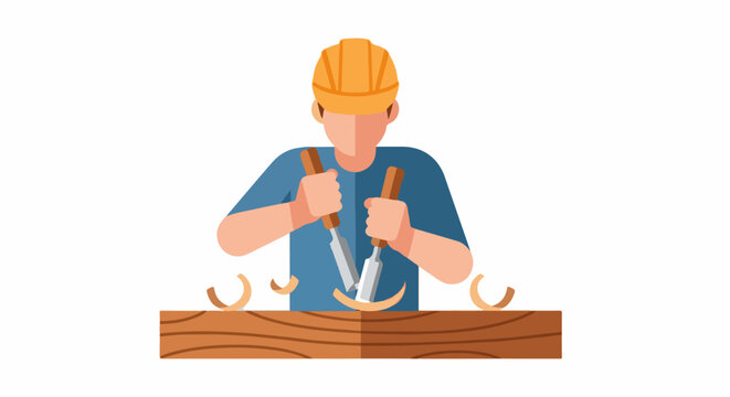 Person wearing hard hat carves wood with two chisels