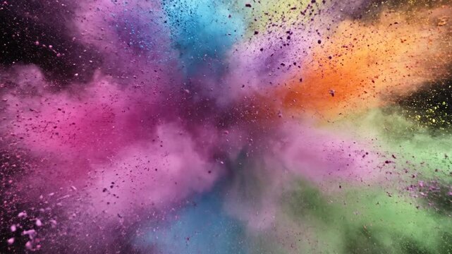 Vibrant multi colored powder explosion on black background