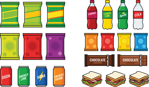 Vending Machine Snack Pack and Beverage Vector Set Featuring Potato Chips, Soda Bottles, Aluminum Cans, Chocolate Bars, and Club Sandwiches for Food Designs