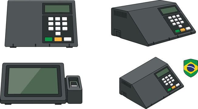 Brazilian Electronic Voting Machine Vector Set Featuring Urna Eletronica with Numeric Keypad Biometric Fingerprint Scanner and Brazil Flag Shield for Democratic Election Designs