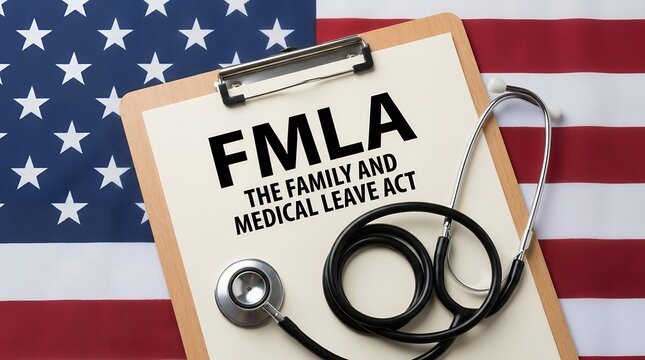 A wooden clipboard containing the printed text FMLA The Family and Medical Leave Act sits atop the American flag with a metal medical stethoscope resting alongside the printed document pages