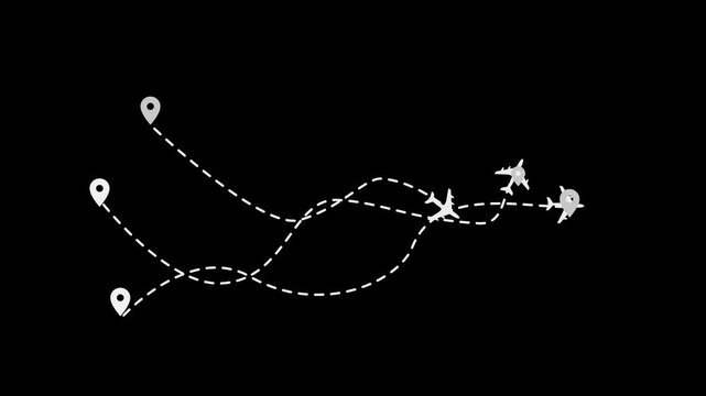 Minimalist travel animation with airplane icons and dashed flight paths connecting location pins