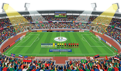 Realistic vector illustration of a professional football stadium with teams at center circle under floodlights and packed stands for championship opening ceremony © MSTNASIMABEGUM