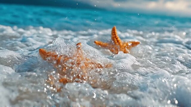 Two starfishes lie on a sandy beach under turquoise ocean waves. marine nature, tropical shore, summer vacation.