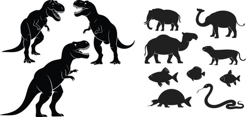 Dinosaur silhouettes, Tyrannosaurus rex, elephant, camel, llama, lizard, fish, turtle, snake, wildlife vector illustration, black silhouette art, animal icon set © MOSTSHAHANAJ