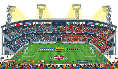 Realistic vector illustration of a professional football stadium with teams at center circle under floodlights and packed stands for championship opening ceremony © MSTNASIMABEGUM