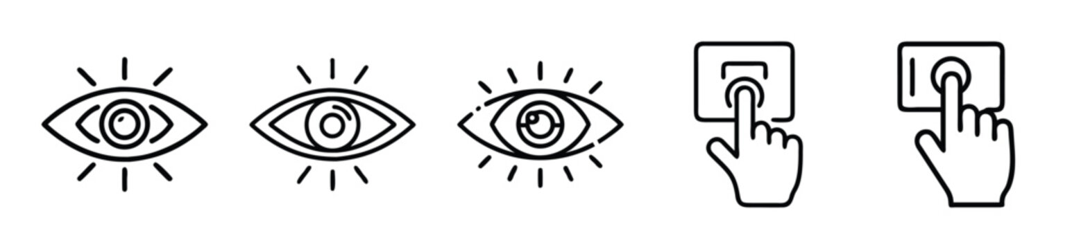 Set of eye and finger pressing button icons, simple line art style, visual perception and interaction symbols for user interface design