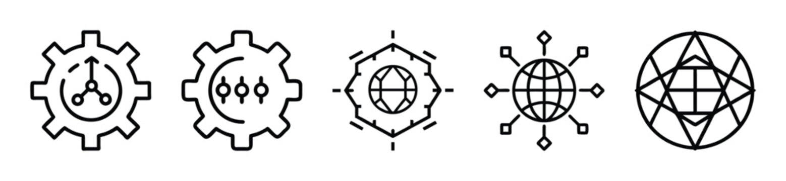 Set of engineering and technology icons featuring gear, globe, and geometric network symbols for industrial and digital design concepts