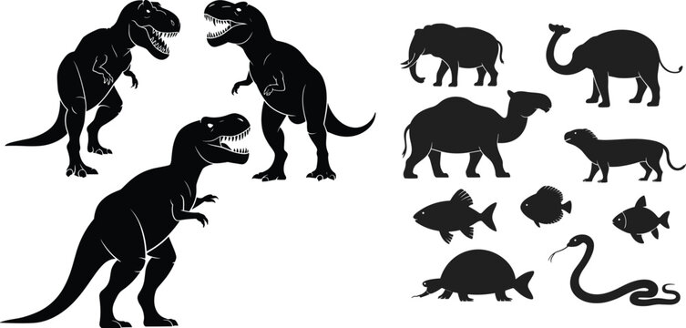 Dinosaur silhouettes, Tyrannosaurus rex, elephant, camel, llama, lizard, fish, turtle, snake, wildlife vector illustration, black silhouette art, animal icon set