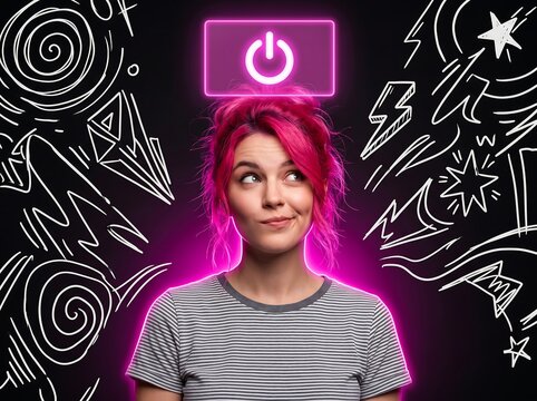 Woman with pink hair and neon light ideas on black background with white doodles
