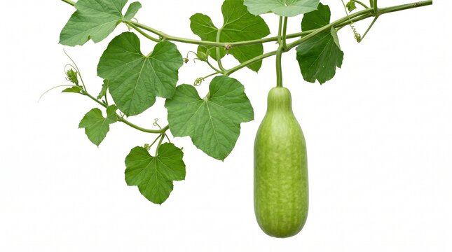 Fresh green winter melon hanging on vine, organic wax gourd with lush leaves, raw ash gourd vegetable in garden setting isolated PNG with Transparent Background