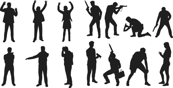 Human action silhouettes, firearm poses, defensive stances, surrender gestures, standing, kneeling, crouching, vector illustration, black silhouette art, icon set