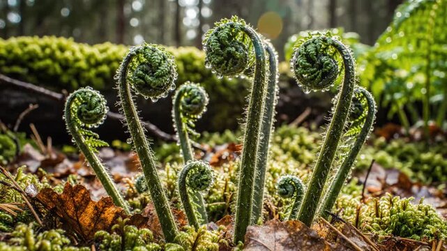 Close up view of the unfurling of ostrich ferns in a moist forest environment with sunlight sparkling