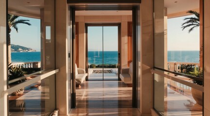 Fototapeta premium Modern glass elevator interior opens to ocean view. Sleek luxury resort design with seating, panoramic sea panorama. Tropical plants, balcony add natural beauty, sunlit marble floor reflects light.