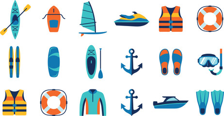 Flat Water Sports Icon Set Featuring Colorful Equipment for Kayaking Jet Skiing Windsurfing Scuba Diving and Beach Recreation Vector Elements © mstLilima