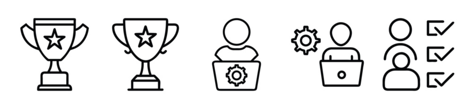 Set of thin line icons for business, achievement, management, and team tasks, including trophy, user with settings, and checklist symbols