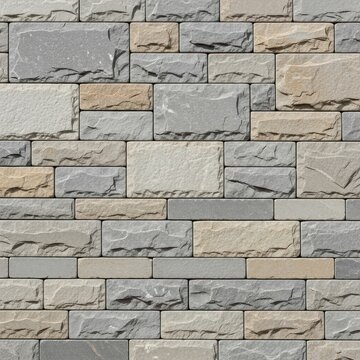 Textured stone wall with mixed beige, gray, and cream bricks for architectural detail.