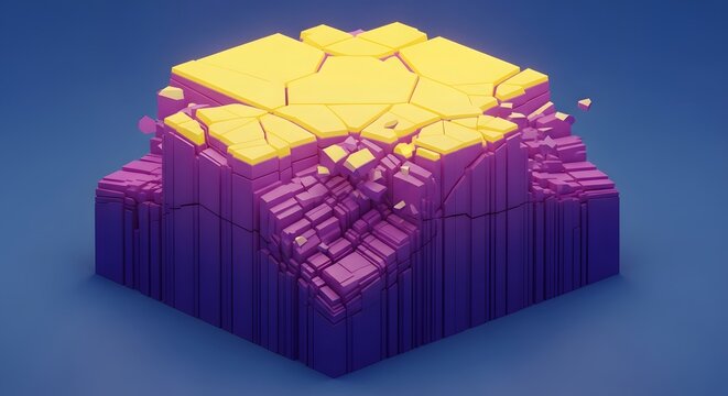 Abstract 3D landscape structure with geometric fractures. Technology, construction, and structural analysis concepts. A digital terrain block breaking apart on the surface