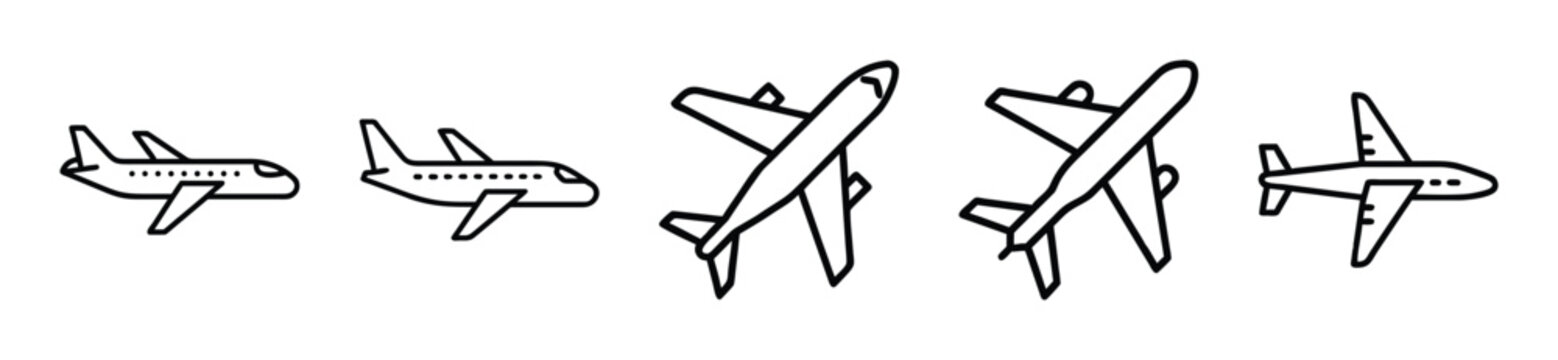 Set of airplane icons, different angles and views of aircraft, collection of simple line art plane symbols for travel and aviation design