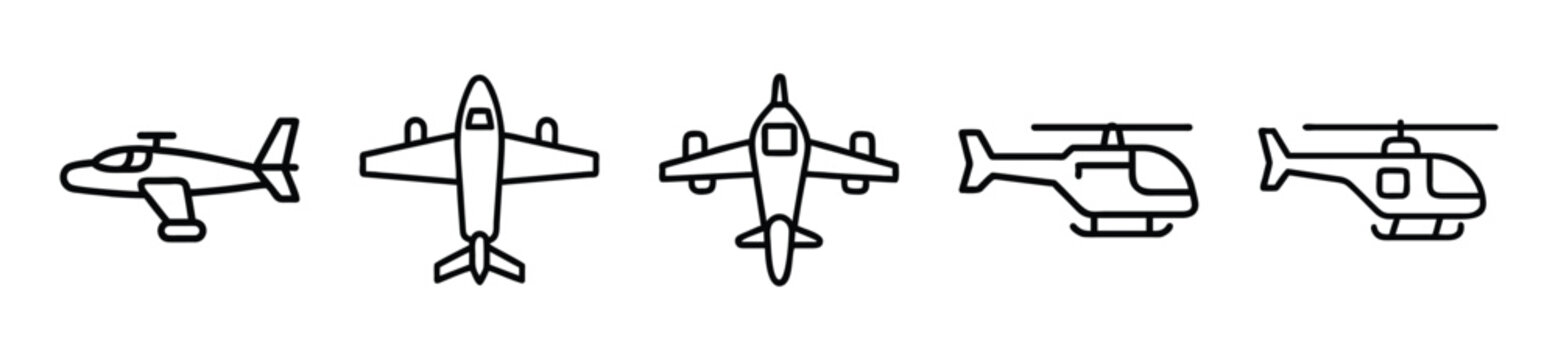 Set of aircraft icons, including airplanes and helicopters, vector illustration