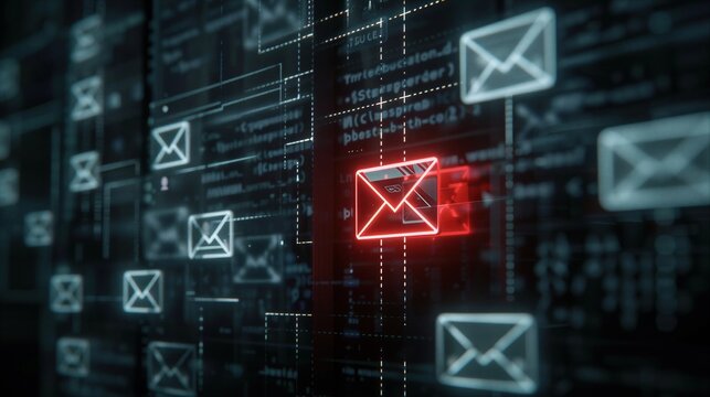 Glowing red email icon on digital interface screen. Virtual display of electronic mail messaging system. Cyber security and internet communication technology for global data connection.