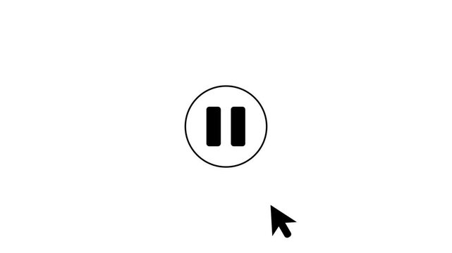 Mouse cursor clicking play button to pause in circle icon animation, minimalist black media player user interface controller on white background 4k video animation.