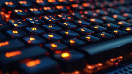 Fototapeta premium Illuminated gaming keyboard with glowing orange keys in dark room. Mechanical peripheral for computer workspace. Digital technology hardware and professional setup for software development.