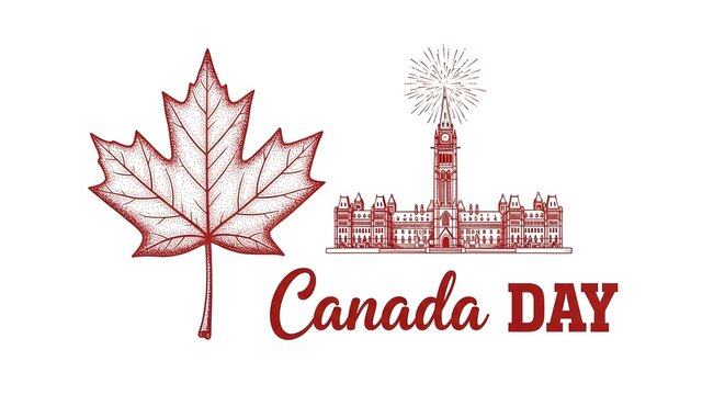 Canada day greeting card with a red maple leaf and parliament hill illustration