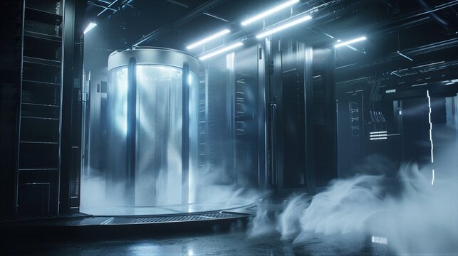 Futuristic server room with glowing cryogenic chamber. Computational data center with cryogenic cooling system and liquid nitrogen smoke. Innovative cloud computing and quantum technology.