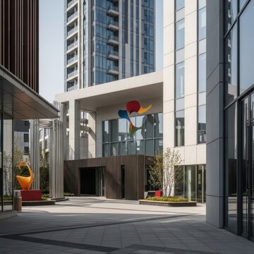Modern residential complex entrance with glass facade and colorful surroundings.