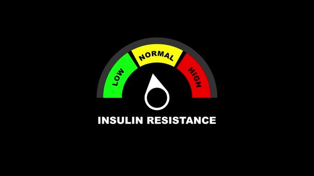 Animated insulin resistance level meter moving from high to normal level, medical glucose gauge animation on black background.