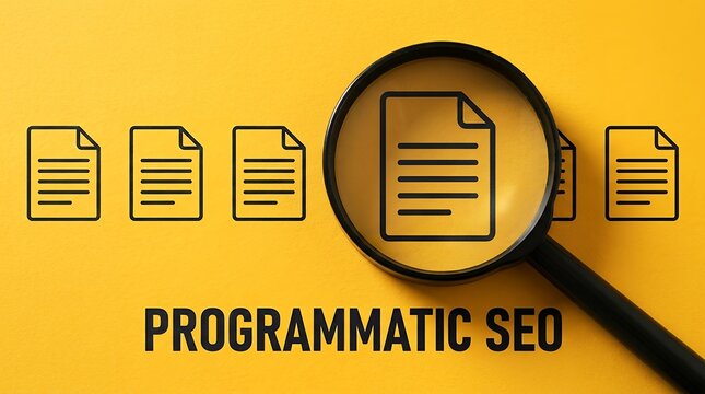 A magnifying glass focuses on a document icon placed among several identical page symbols arranged in a row upon a flat vibrant yellow surface with the bold text programmatic seo below it