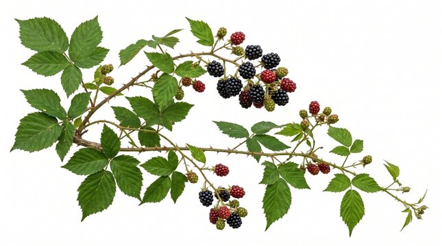 Fresh wild blackberry branch with ripe black and red berries, organic garden bramble with green leaves, natural forest fruit plant isolated PNG with Transparent Background
