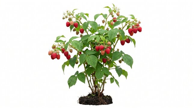 Fresh raspberry bush with ripe red berries and green leaves, organic garden fruit plant growing in soil, healthy summer harvest of wild raspberries isolated PNG with Transparent Background