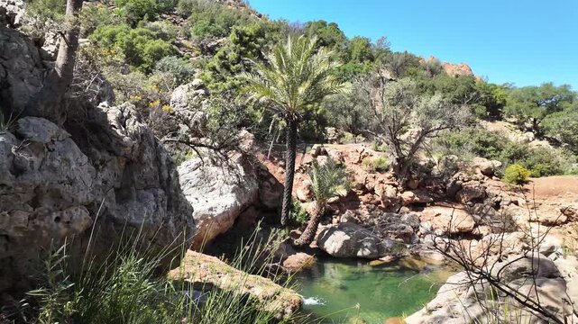 Aerial View of Imouzzer Ida Outanane Waterfalls and Rocky Mountain Landscape near Agadir, Morocco