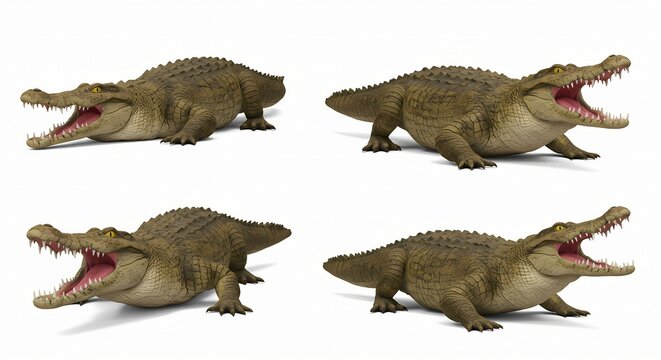 Collection of large crocodiles with open mouths isolated on white background